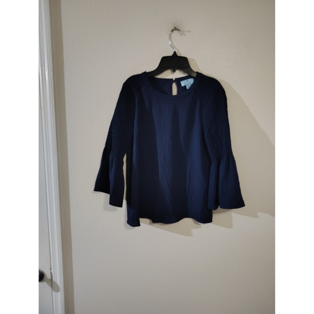 CeCe Navy Blue Smocked Bell Sleeve Blouse Top XS Crepe Keyhole Back